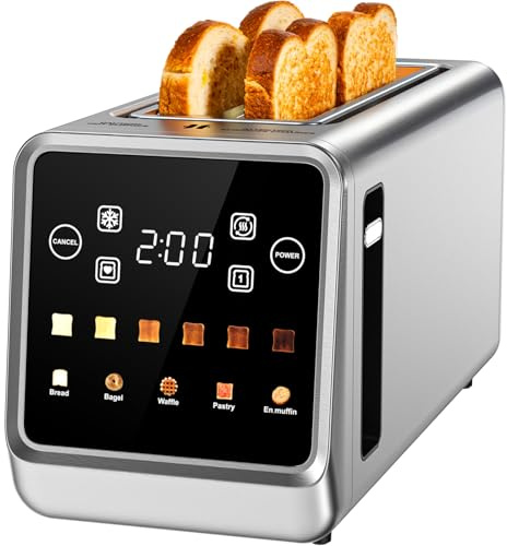 Digital 4 Slice Toaster with LED Touchscreen Long Slot Stainless Steel Toaster for Family, Wide Slots for Thick Bread & Bagels, 6 Shade Settings, Defrost, Reheat, Memory & Single-Slice Modes