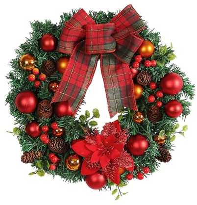 Christmas Wreaths for Graves Christmas Bow Wreath Front Door Wreath Decoration Garland Artificial Flower Xmas Cottage Farmhouse Wreaths Wall Window Hanging Ornaments (Red, One Size)
