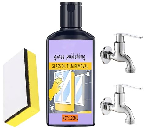 Nettoyant pour vitres de douche, dissolvant de film d'huile de fenêtre, solution de polissage du verre de 120 ml avec applicateur éponge, formule de nettoyage domestique douce avec fonction Shine