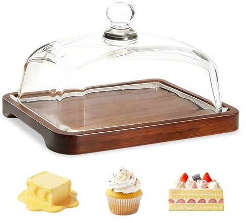 Butter Dish with Lid, Glass-Covered Butter Tray, 18.3x12.8x9.5cm Thickened Wooden Butter Plate, Dome-Shaped Cake Cover with Top Bead, Suitable for Storing Butter, Desserts, Cakes, Pastries (Brown)