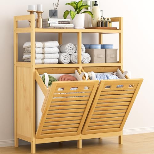 VASMIA Armoire de Salle de Bain avec Panier à Linge, Bambou Meuble de Salle de Bain, avec 2 étagères, avec Paniers à Linge Amovibles (2*38 L), pour Salle de Bain, Chambre à Coucher, Buanderie, Naturel