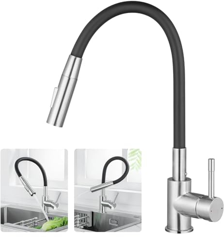 CECIPA Grifo de Cocina Negro Flexible con 2 Tipos de Chorro, Giratorio 360°, de Alta Presión, 2 Conexiones G3/8, Monomando de Cocina