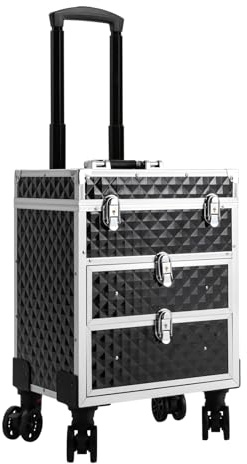 Professioneller Kosmetik Rollkoffer 3 Ebenen 2 Schubladen, 30kg Tragfähigkeit ABS Aluminium mit 4 Rollen & 4 Schlüsseln, Schwarz Make-up Trolley für Friseur Schönheitssalon Reise