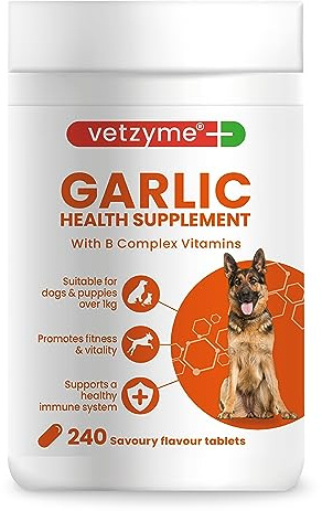 Vetzyme Garlic Health Supplement for Dogs (240 Tablets) - With B Complex Vitamins to Promote Fitness and Support a Healthy Immune System