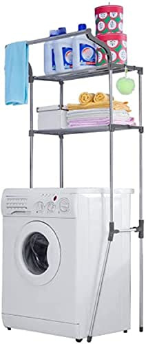 BAOYOUNI Waschmaschinenregal für Toplader aus Metall, 2 Ebenen Toilettenregal mit Hängestange, Badezimmerregal Waschmittel Organizer, Einfache Montage, 68 x 49,5 x 173cm, Grau