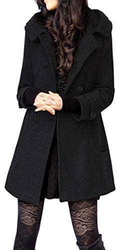 Tanming Damen Warm Zweireiher Wolle Erbsenmantel Trenchcoat Jacke mit Kapuze, Schwarz, S