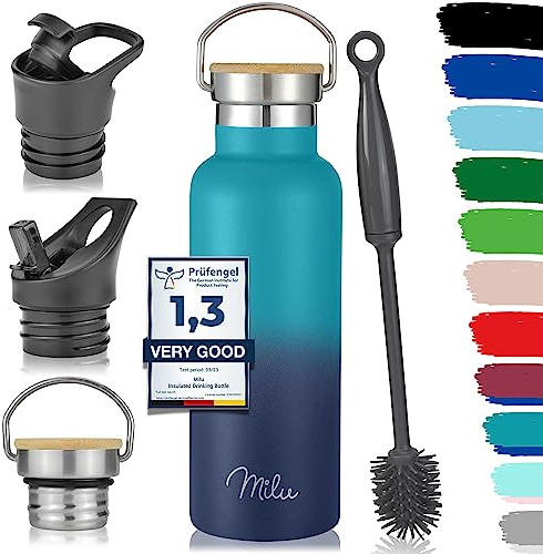 Milu Edelstahl Trinkflasche 500ml, 750ml, 1000ml (+3 Deckel) - Thermosflasche mit Strohhalm, Isolierte Wasserflasche, Auslaufsichere Isolierflasche doppelwandig, Kohlensäure geeignet (Grün Blau, 0,5L)