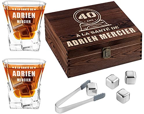 Maverton 8 Pierres à Refroidissement & 2 Verres Gravés 250 ML dans la Boîte Personnalisée en Bois - Cadeau Homme - Cadeau Anniversaire Homme - Cadeau Personnalisé pour Connaisseurs - 40 Ans