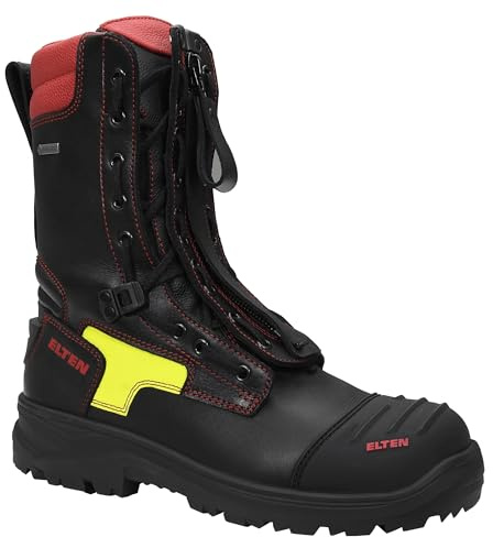 ELTEN Feuerwehrstiefel Curt GTX ESD F2A, Damen und Herren, Leder, Stahlkappe, robust 40, Schwarz|Rot