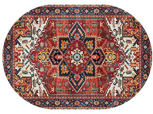 Rururug Teppich Oval Moderner Läufer Orientteppich Kurzflor Flur Schlafzimmer Küche Wohnzimmer rutschfest Waschbar,Rot gefärbtes Vintages Blumen,Oval 80 x 150 cm