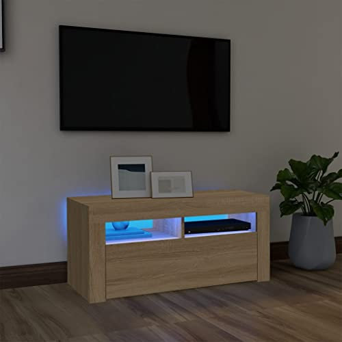 THOYTOUI TV-Schrank, Fernseher Schrank TV Board hängend TV unterschrank Sideboard Mit Stauraum Geeignet für Hotel Küche Wohnstube mit LED-Leuchten Sonoma-Eiche 90 x 35 x 40 cm