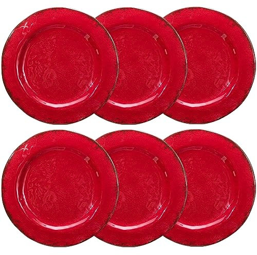 LEHAHA Red Melamine Plates Set, 9 inch Vintage Rustic 6 piece Salad/Dessert Plates Set, Unbreakable Dishes Set Great for Everyday Use and Dining Party, Ideal for Salad,Dessert,Fruit and Cakes