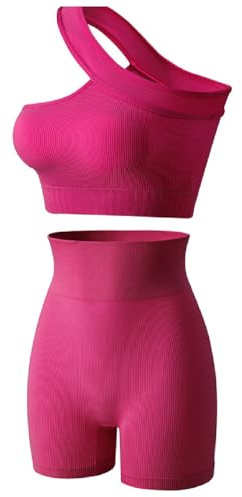 Havejoy Vetement Sport Femme Fitness Ensemble Deux Piece Short et Crop Top Une Epaule Camisole Court Tenue de Yoga Mode Survêtement Ete pour Jogging Gymnastique Training Danse Pilate Workout Tracksuit