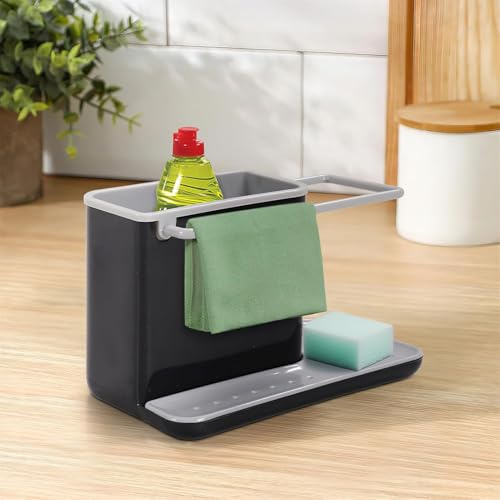 Warmiehomy Kitchen Sink Organiser with Drain Tray, Kitchen Sink Caddy with Sponge Holder, Brush Holder and Cloth Hanger, Black with Grey