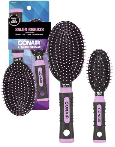 Conair Salon Results Cushion Hairbrush Set - men & women - hairbrushes for all hair types - detangling - features Travel size + Full-size - Pink/Black