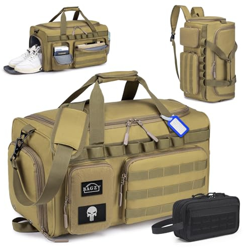 BAGZY Taktischer Reisetasche Sporttasche Herren mit Schuhfach Gym Tasche Rucksack 40L Trainingstasche Herren Für Arbeits Reise Sport Fitness Weekender Zelten mit Taktische Kulturtasche Khaki