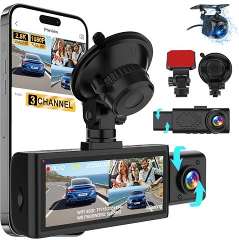 2.5K Dash Cam Front Rear and Inside, 3 Channel Dual Dash Camera WiFi Dashcams with 64GB Card,1440P Dashcam Front+1080P Inside Car Camera+1080P Rear Car Dash Cam,G-Sensor,IR Night Vision