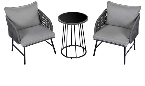 3-teiliges Bistroset, Balkonmöbel-Set, handgeflochtenes Seil, Glastischplatte, Stühle belastbar 160 kg, für Terrasse, Garten und Balkon, Grau