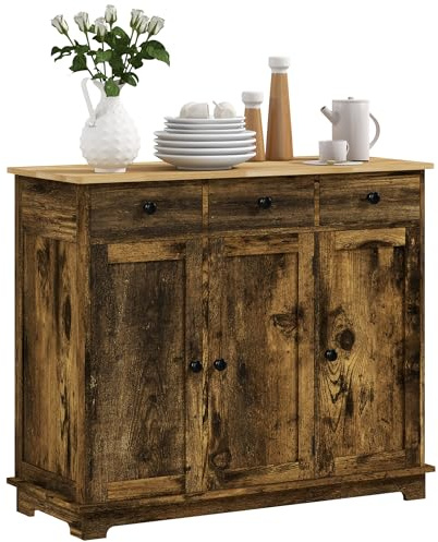 HOMCOM Modern Sideboard with Rubberwood Top, Buffet Cabinet with Storage Cabinets, Drawers and Adjustable Shelves for Dining Room, Kitchen, Rustic Brown