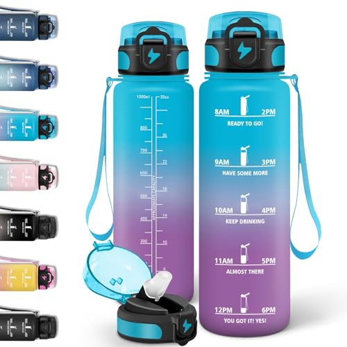 Motswedi Botella Agua 1l, Con Paja, Botella Agua Gimnasio, A Prueba de Fugas, Cantimplora, con Marcador de Tiempo, Cantimplora Deporte, para Oficina, Camping, Viajes, Bicicleta - Azul&Violeta