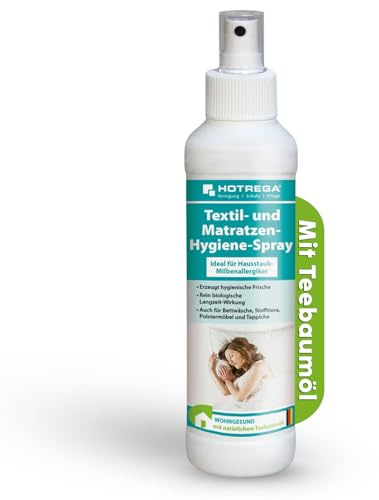 HOTREGA Textil- & Matratzen-Hygiene-Spray 250 ml | Gegen Milbenallergene | Ideal für Hausstauballergiker | Mit natürlichem Teebaumöl | Schutz bis zu 3 Monate | Für Polster & Teppiche