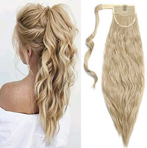 Postiche Queue de Cheval Synthétique Magique Corn Wave Extension Queue De Cheval Cheveux Bouclé Vague de Maïs 20 Pouces Wrap Around Ponytail Extension, Blond Cendré & Blond Très Clair