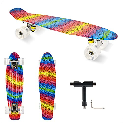 Skateboard Komplette Mini Cruiser Skateboard, 22 Zoll Komplett Board mit ABEC-7 Kugellager, LED PU Leuchtrollen, T-Tool (Colorful World)