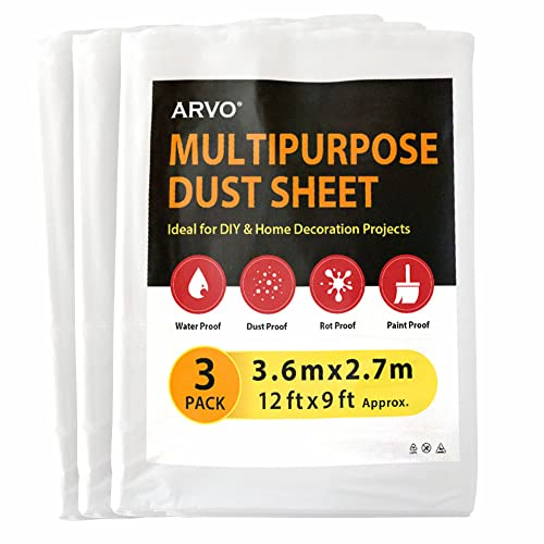 ARVO 3 Pack Extra Large Plastic Dust Sheets for Decorating - 3.6m x 2.75m (12ft x 9ft), Waterproof Polythene for Painting, Furniture, Floor Protection, Ideal with Paint Coveralls