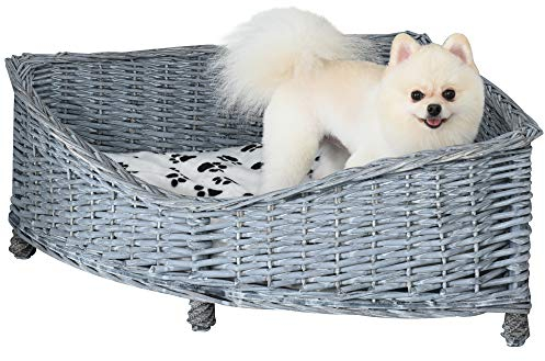 PawHut Hundesofa aus Ratten Haustierbett für kleine Katzen und Hunde Haustiersofa Katzensofa Weichem Bezug Eck Hundebett Hundecouch Weide Plüsch Grau 68 x 68 x 32 cm