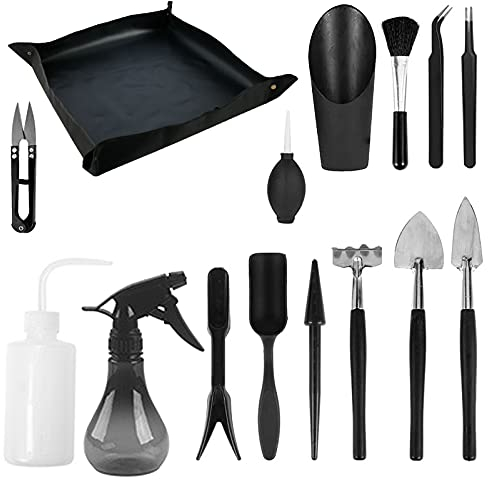 Succulent Tool Kit,14pcs Mini Garden Hand Tools + 1 Plant Repotting Mat,Houseplant Rake Gardening Hand Tools,Pot Flower Gadget for Transplanting Seedlings Outdoor,Black
