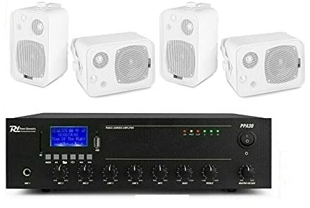 IMPIANTO AUDIO FILODIFFUSIONE LOCALI 100Watt+ 4 Altoparlanti+Bluetooth+100Mt Cavo