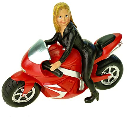 Kremers Schatzkiste Spardose Sexy Motorradfrau 21cm Handbemalte Polyresin Figur - Motorrad Geschenk - Geldgeschenk für Biker - Dekofigur 16x21x9cm - Lederoutfit