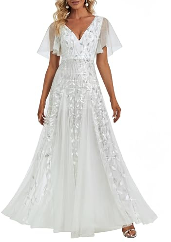 Ever-Pretty Vestidos de Fiesta Mujer Largo Tul Lentejuelas Escote V A-línea Elegantes Blanco 40