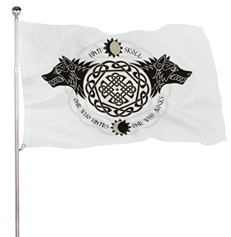 NIBABAEU Dekorative Hausflagge, Hofbanner, zwei Wölfe, nordische Wikinger-Runen, Urlaub, Willkommensflagge, Rasen-Hängedekoration, 120 x 180 cm