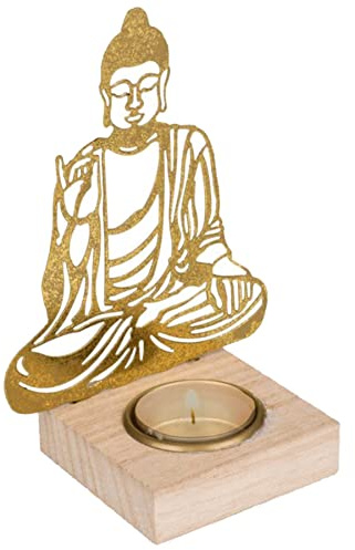 mtb more energy Deko Teelichthalter Way of Buddha - goldenes Metall mit Holzfuss - Dekoration Kerzenhalter Meditation