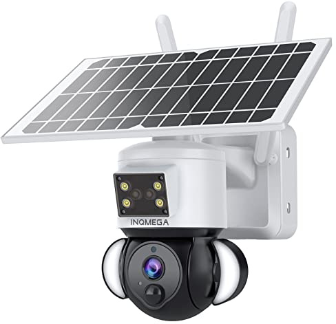 INQMEGA TUYA Smart - Cámaras de seguridad solares Tuya Smart, 3MP FHD WiFi, vista de 360°, 15000 mAh, con sensor de movimiento PIR, luz de inundación con sirena, audio bidireccional, visión nocturna a