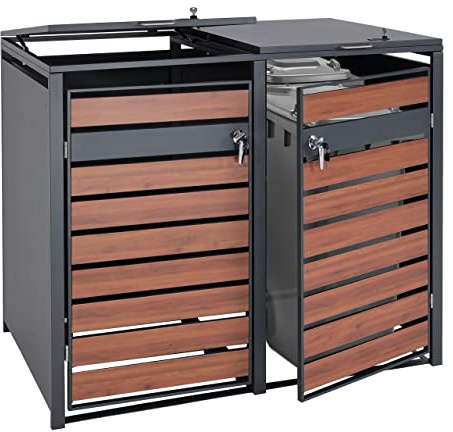Mendler XL 2er/4er-Mülltonnenbox HWC-J81 - Kirsche-Holzoptik Dunkelbraun | Mülltonnenverkleidung, Metall, 59kg, anthrazit