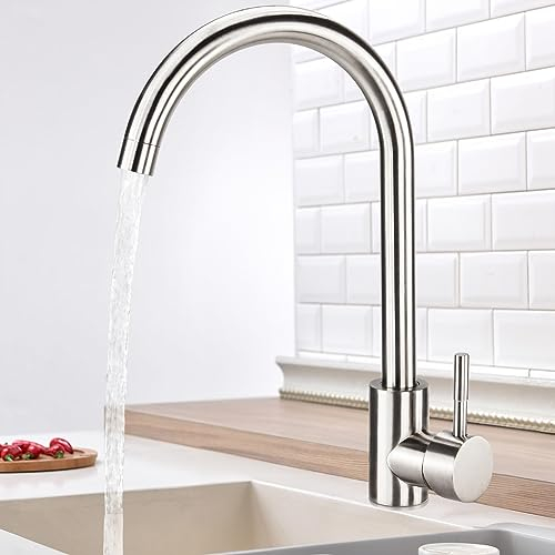 Virklyee Rubinetto cucina inox Rubinetto Lavello Cucina Miscelatore da cucina monocomando, Dell'Acqua Calda e Fredda Adattatore, Facile da installare e pulire, A forma di C (Argento)
