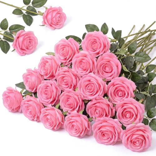 Hotop 20 Pcs Artificial Rose Flowers with Long Stem,Real Touch Silk Realistic Plastic Bouquet Roses Bulk for Home Decor Bridal Wedding Party Table Centerpieces Decorations(Pink)