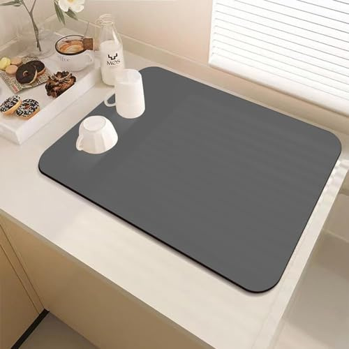 DUJUIKE Draining Mat for Kitchen Counter, Dish Drying Pad with Non-Slip Design, Coffee Machine Mat, Absorbent Drainer Mats, Heat-Resistant，Suitable for Kitchen, Pet Drinking Mat(Grey, 50 x 60cm)