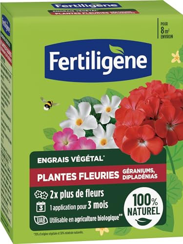 FERTILIGENE FEGFLE650 - Engrais Végétal Plantes Fleuries, Géraniums, Dipladénias 650 g - 2 fois plus de fleurs -Seulement 1 application en 3 mois - Jusqu'à 8 m² - Produit 100% naturel avec zéolite