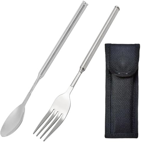 Nanddi Tenedor extensible, tenedor telescópico de acero inoxidable duradero, tenedor retráctil para cena, postre, barbacoa, cena, fruta, mango largo, telescópico, cubiertos para cocinar de 8.7 a 25.4