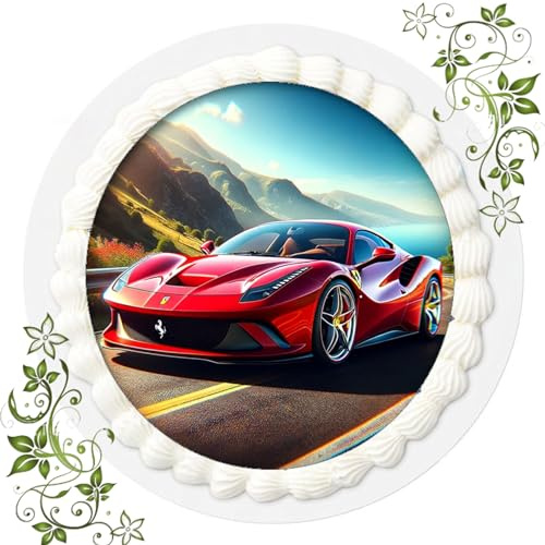 Für den Geburtstag ein Tortenbild, Zuckerbild mit Motiv Ferrari, Essbares Foto für Torten, Tortenbild, Tortenaufleger Ø 20cm FONDANT Muscle Car Nr. 4