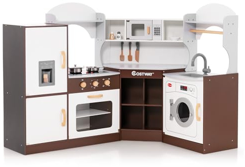 COSTWAY Cuisine Enfants en Bois avec Lumière & Effet Sonore, Jeu de Cuisine d'angle avec 14 Accessoires & Machine à Glaçons, Espace de Stockage, Jouet d’Imitation pour 4 Enfants de 3-10 Ans(Marron)