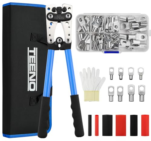 Crimpzange Groß TEENO, Crimpzange Batteriekabel Set AWG 10-0(6-50 mm²), Aderendhülsen Kabelschuhzange, Tragbare Tasche,60PCS Kupferringklemmen aus Kupfer+6PCS Schrumpfschläuche