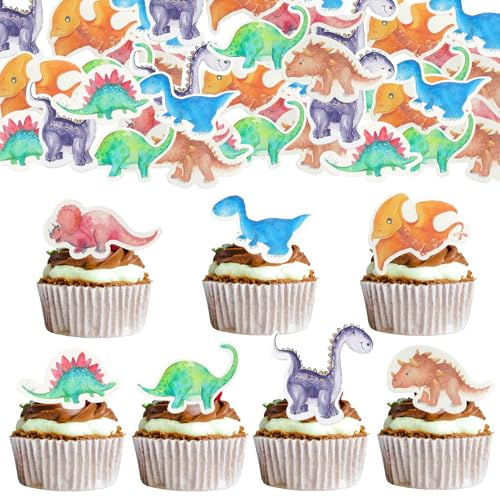 50 Stück Dinosaurier Tortendeko Essbar, Dino Esspapier Kuchendeko | Dino Esspapier Cake Topper für Mädchen Junge Geburtstag Babyshower Party