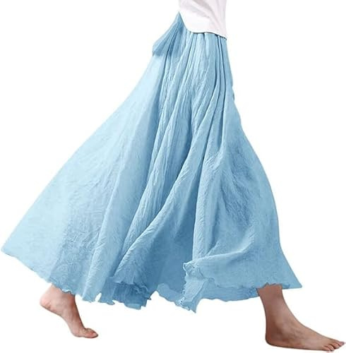Röcke Damen Leinen Maxirock Baumwolle Leinen Rock Boho Sommerrock Einfarbig Freizeitrock Faltenrock Frauen Langerock (DE/NL/SE/PL, Alphanumerisch, Einheitsgröße, Regular, Regular, Blau)