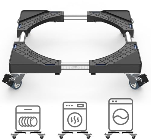 DEWEL Base con Ruote per Frigorifero Regolabile 43-66 cm, Nero | Acciaio inox ed EVA, 4 ruote bloccabili, carico 200 kg; per frigoriferi, lavastoviglie, mobili e cantinette.