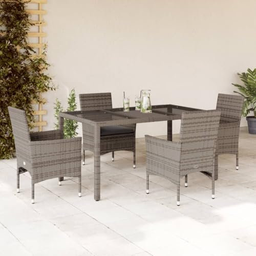 Homgoday 5-TLG. Garten-Essgruppe mit Kissen Gartenmöbel Tisch mit Stühle Balkonmöbel Esstisch Gartenstühle Terrassenmöbel Sitzgruppe für Garten Terrasse Grau Poly Rattan und Glas