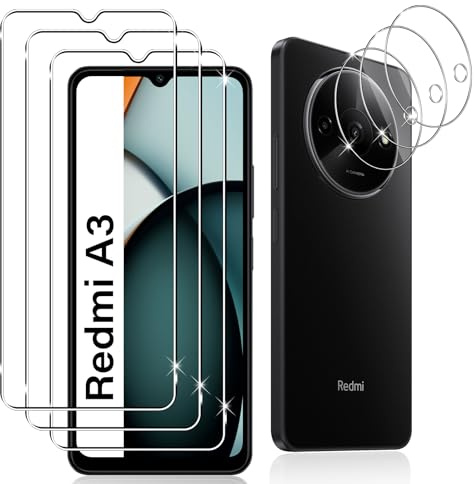 Datree 3 Piezas Protector de Pantalla para Xiaomi Redmi A3/Redmi A3X, con 3 Piezas Protector de Lente de Cámara,Dureza 9H Sin Burbujas, Alta Definicion,Anti-Arañazos Cristal Templado